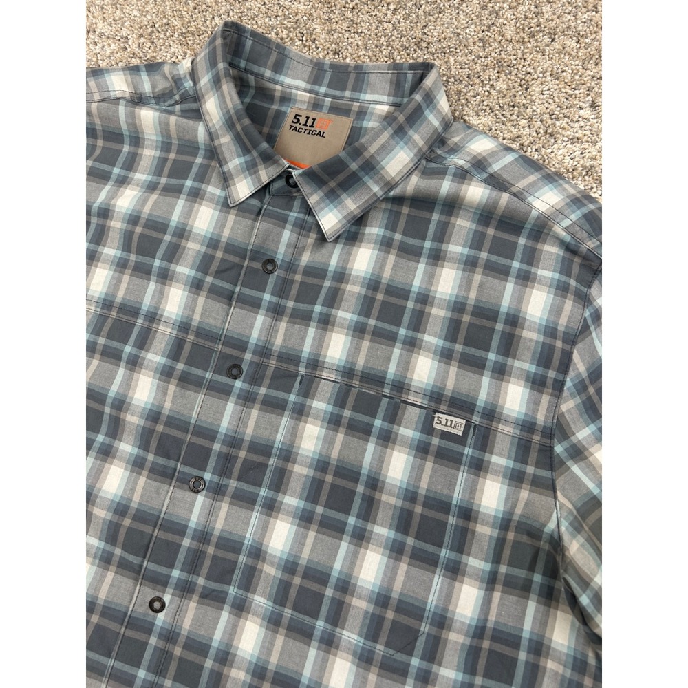 5.11 Tactical Mens Short Sleeve Plaid Button Down Shirt Grey Blue Medium #0910